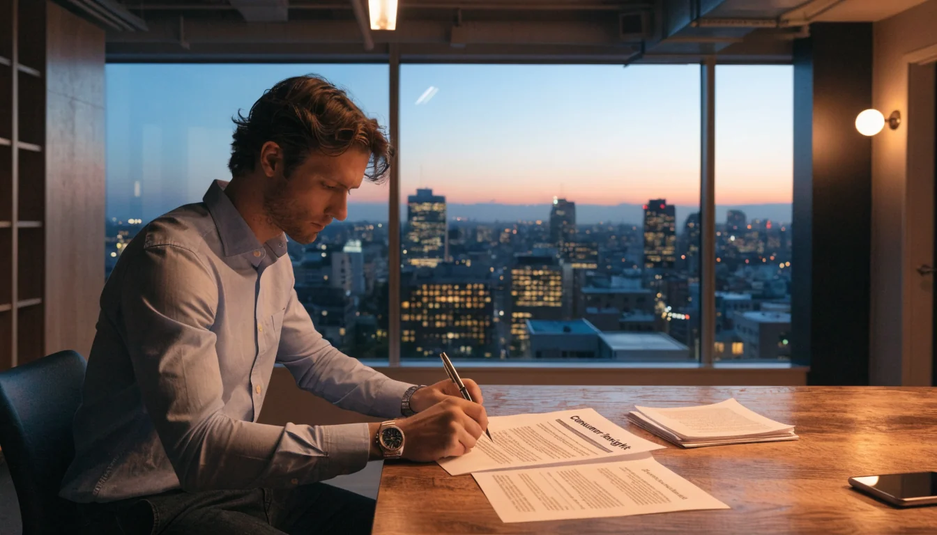 Australian office with person reviewing contract near window