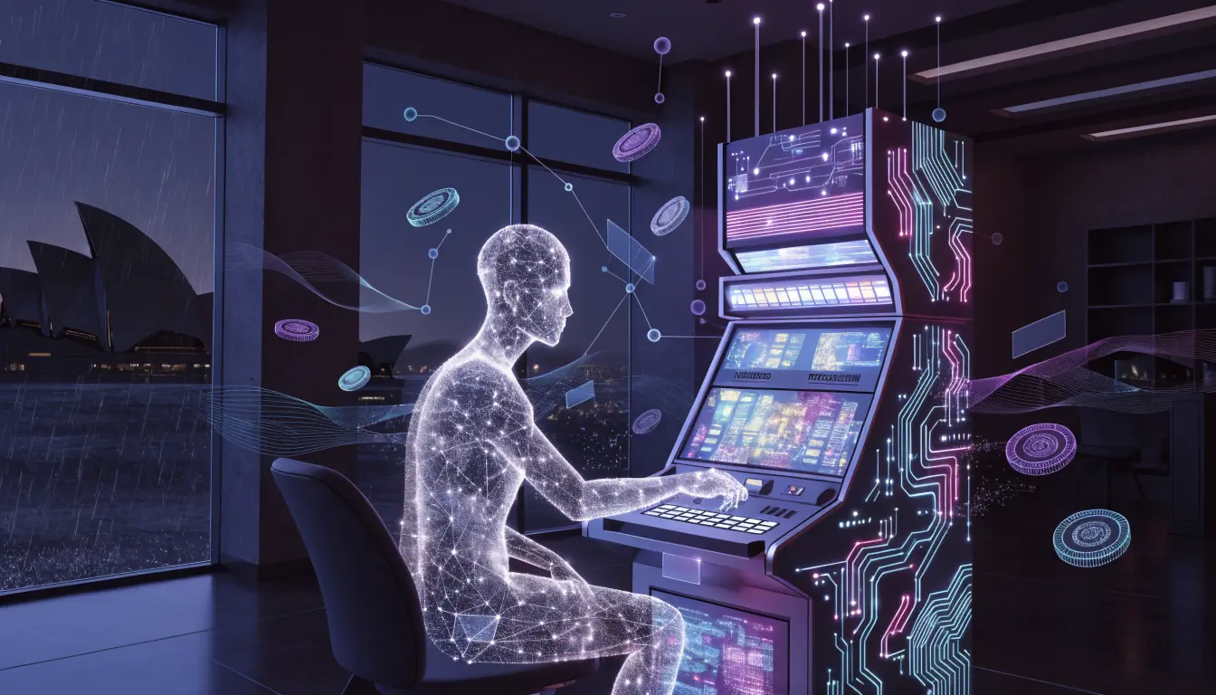 Faceless player at neon casino slot with crypto symbols.