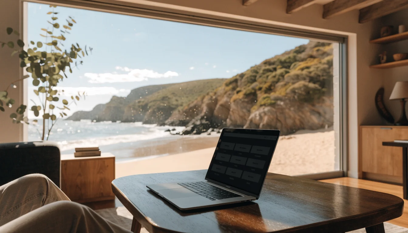 Australian lounge with laptop showing generic casino game