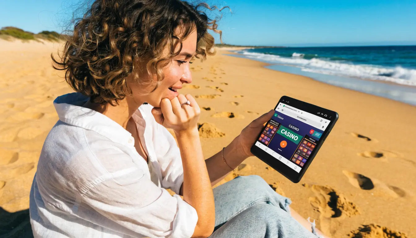 Australian woman on beach using casino browser app