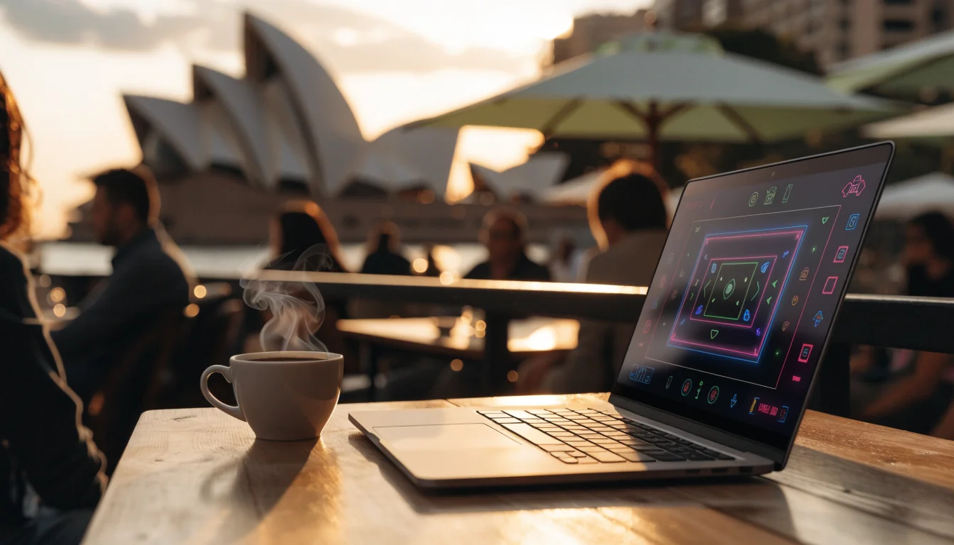 Laptop showing casino game on Australian café terrace at sunset