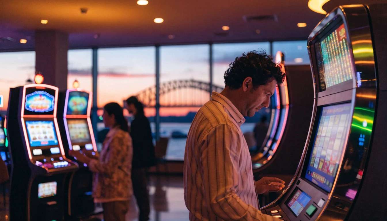 Australian casino floor with glowing slot machines at twilight