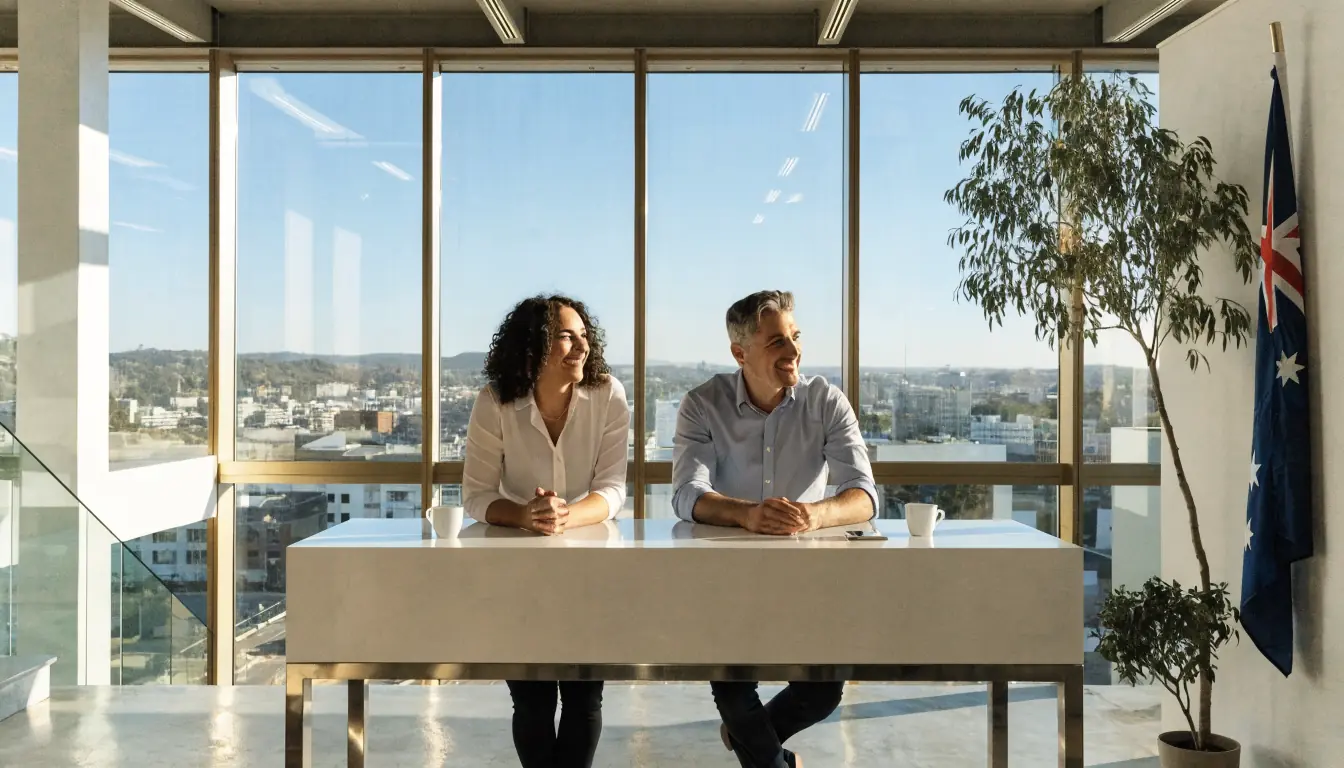 Australian office reception with smiling staff and sunny window view