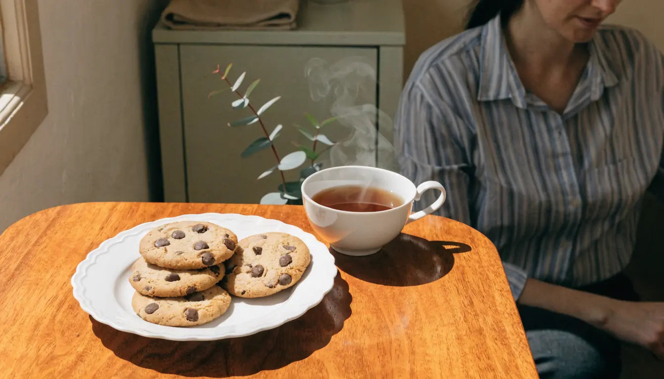 Australian kitchen with cookies, tea, and eucalyptus plant