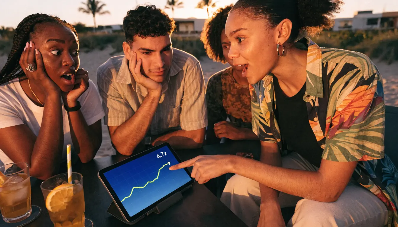 Friends watch Crash game on tablet at sunset beach bar