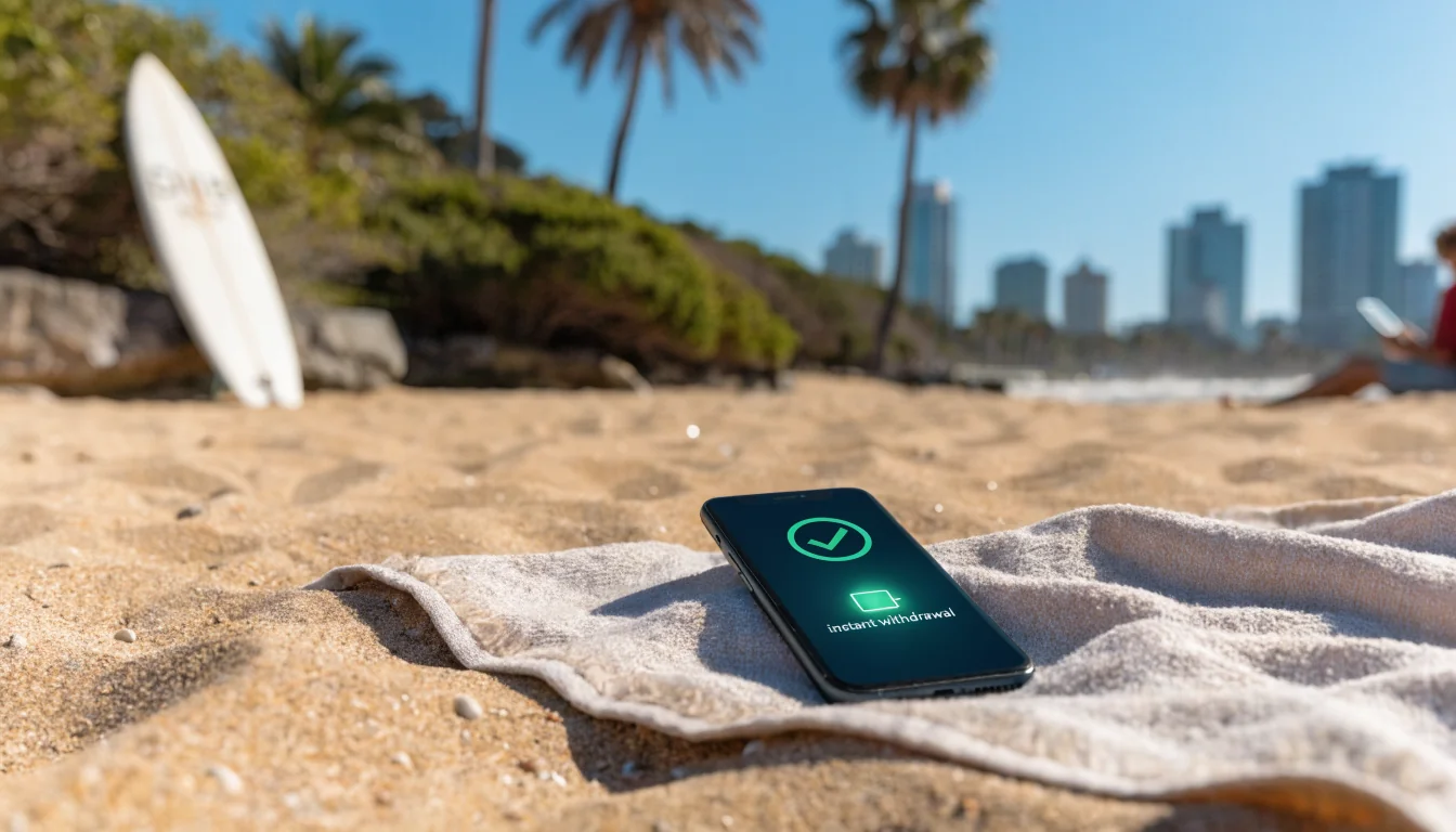 Smartphone on beach towel showing instant withdrawal icon under Australian sun