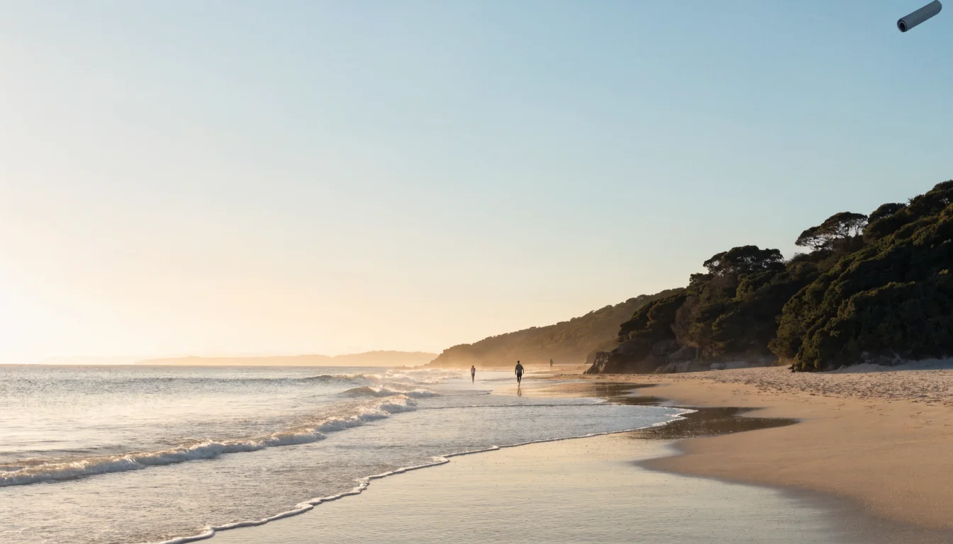 Australian sunrise beach with floating legal scroll silhouette