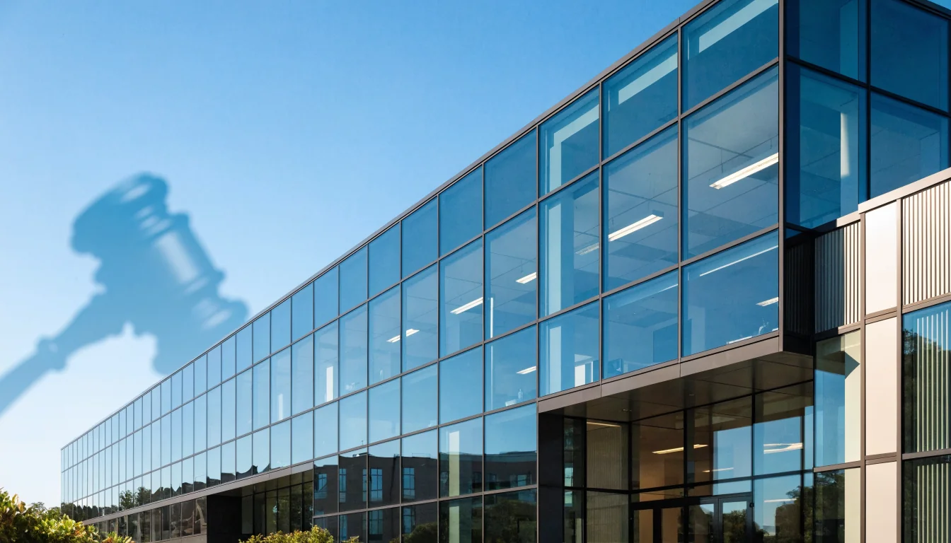 Australian office building with subtle legal gavel overlay