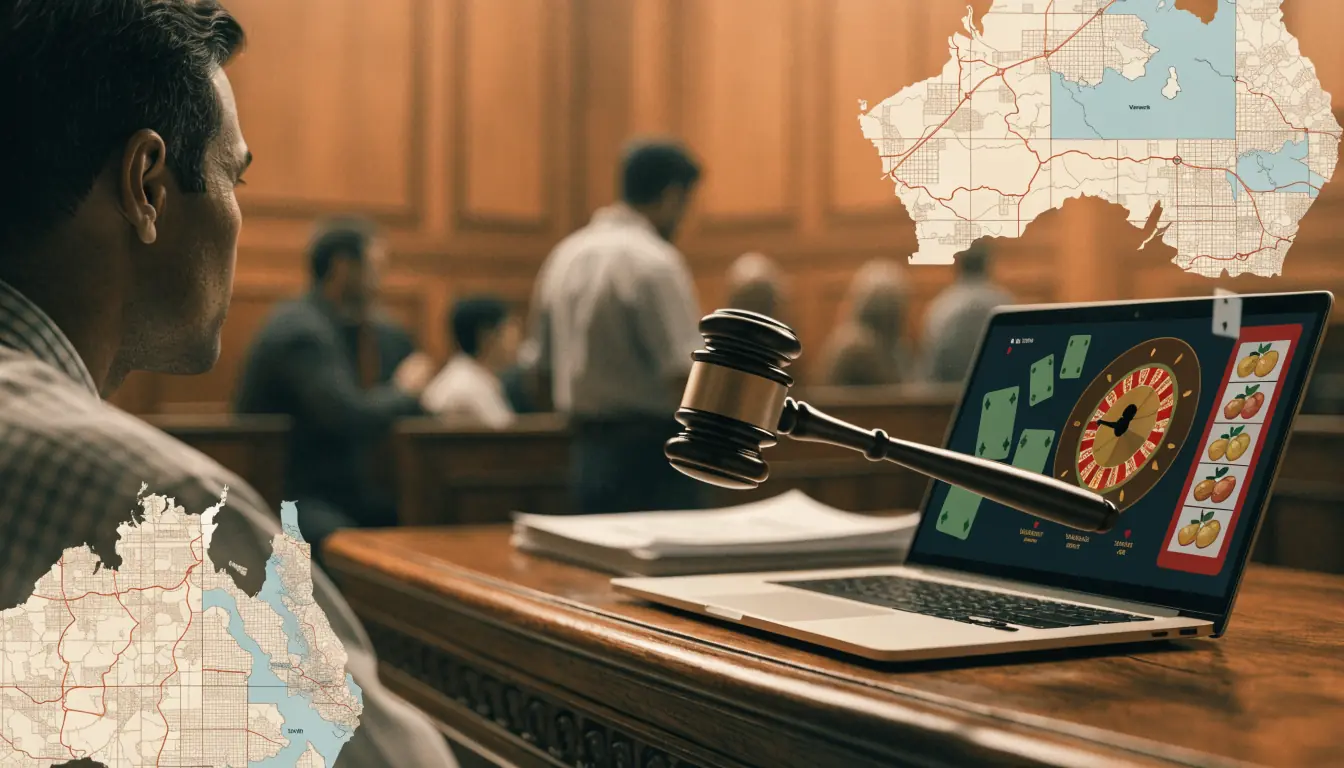 Courtroom with maps and laptop representing regulation
