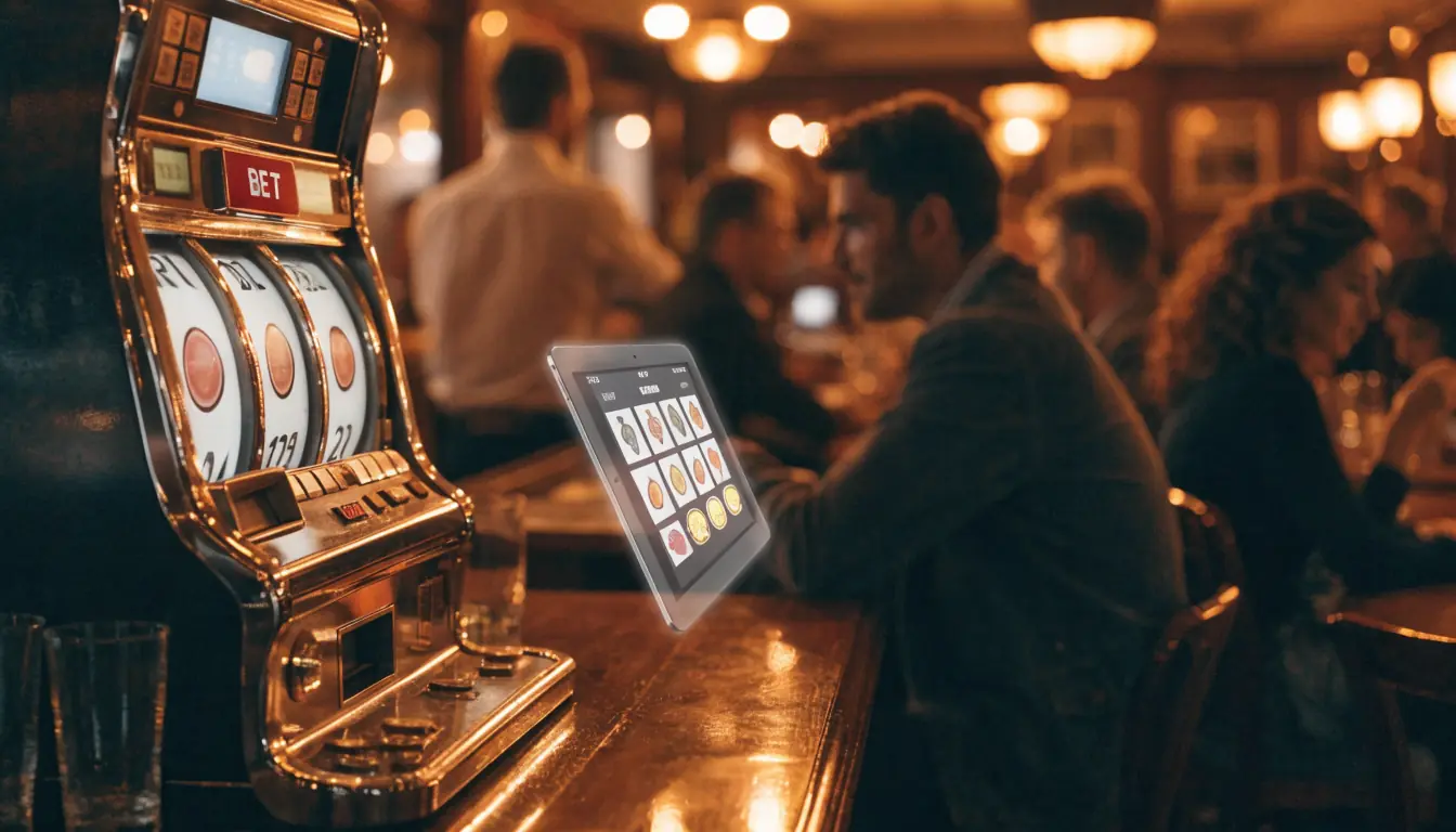Physical pokies machine beside translucent online slot tablet