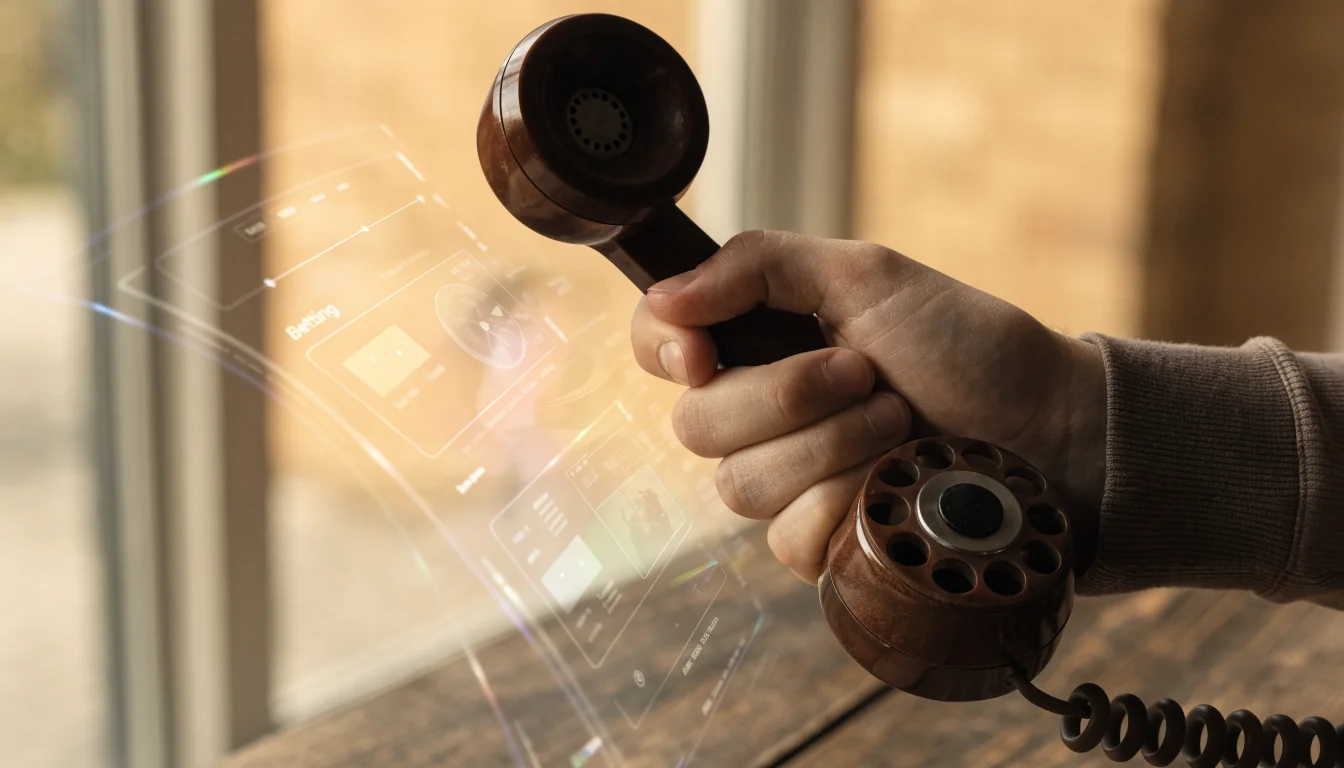 Hand with rotary phone and fading betting hologram