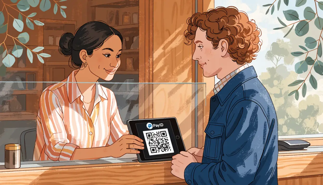 Bank clerk presenting PayID QR code with eucalyptus backdrop