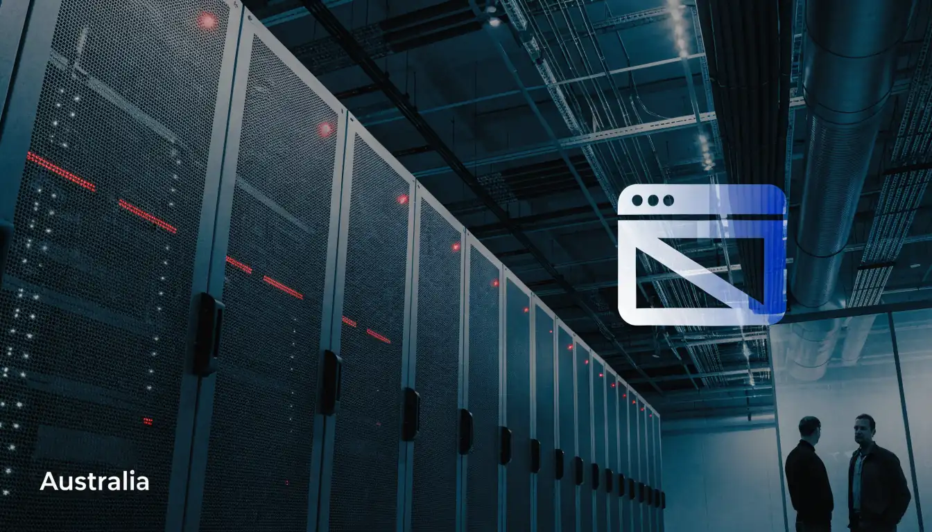 Data center with red warnings and blocked web overlay