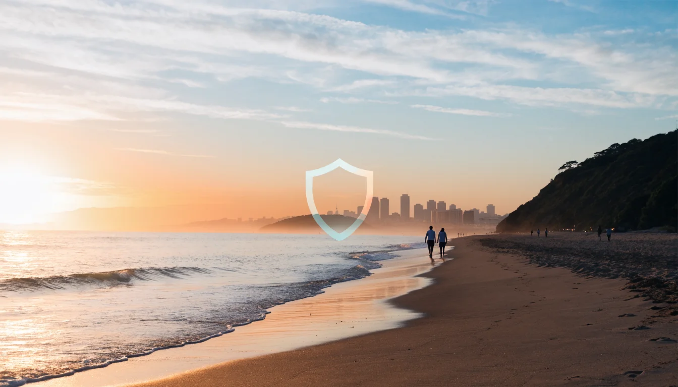 Australian sunrise beach with digital shield overlay