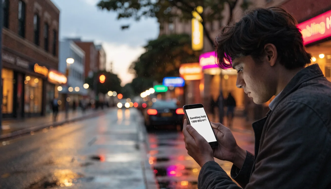 Young adult in Australian street viewing gambling helpline on phone