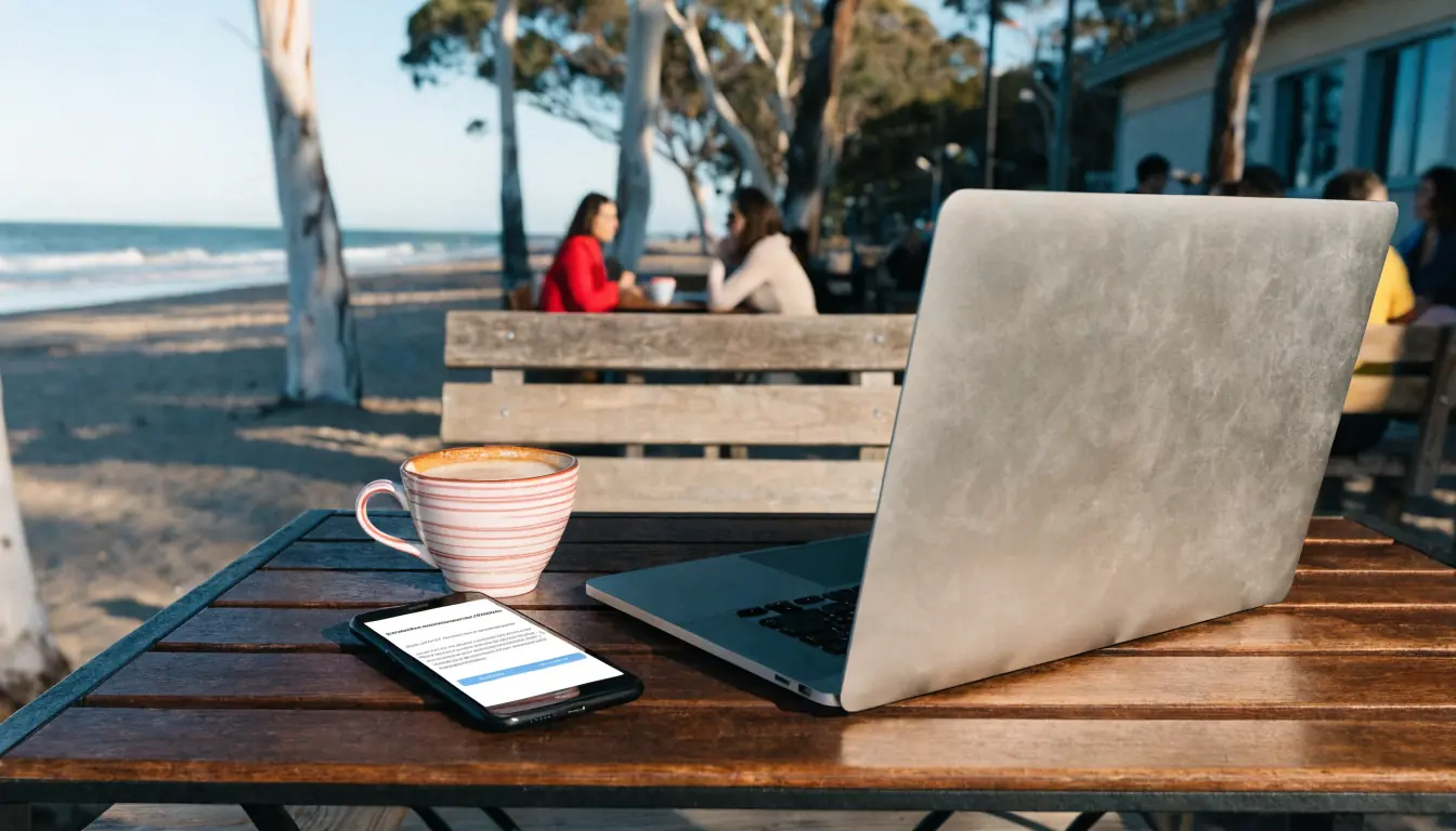 Australian café table with laptop showing terms page